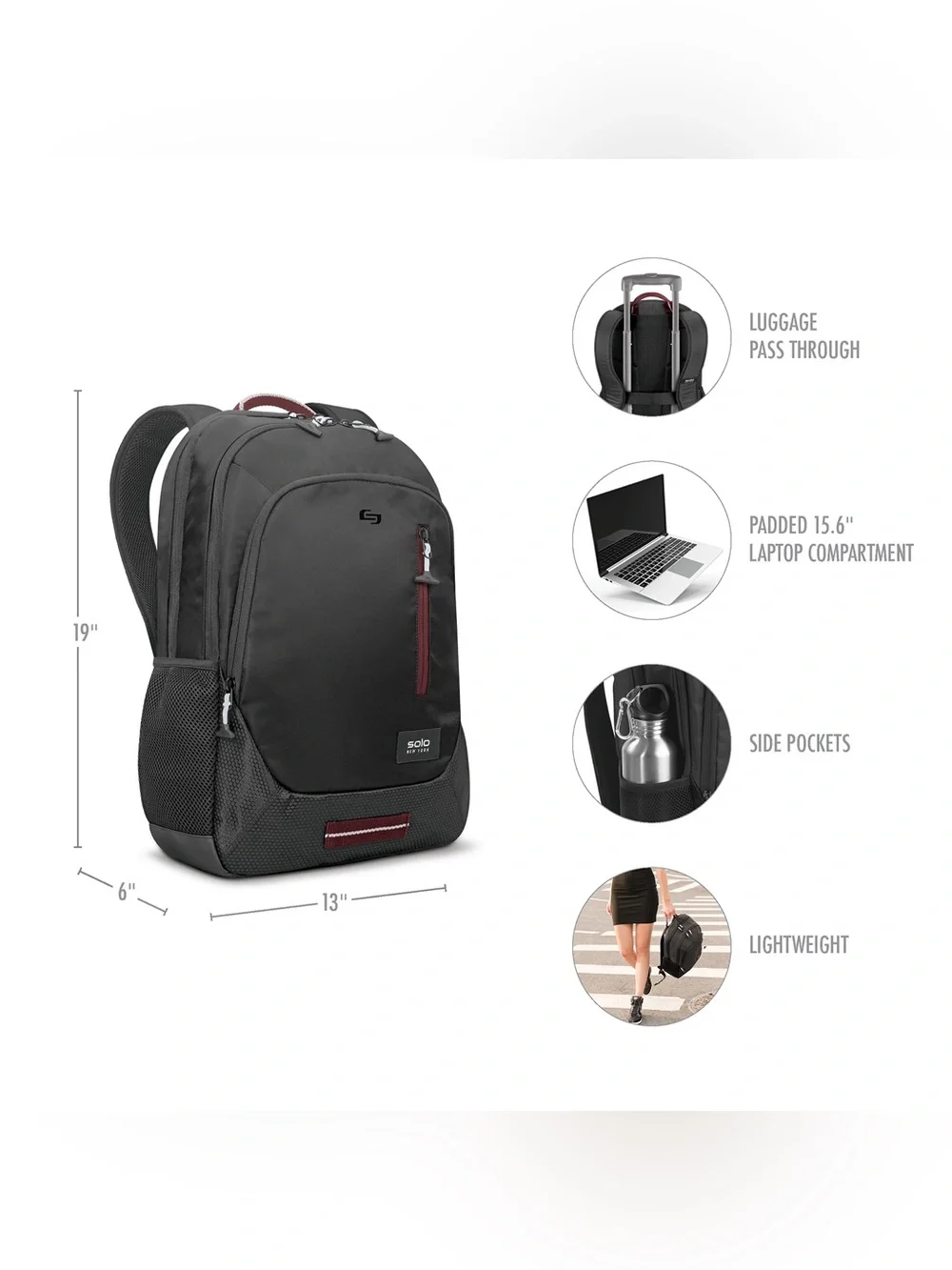 Solo Black Backpack with Burgundy Trim